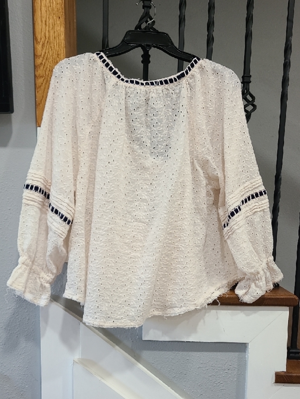 Free People Cream Eyelet Peasant Top with Navy Trim - Picture 7 of 13